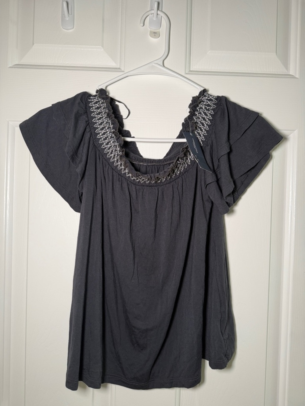 Smocked Yoke Flutter Sleeve Women's Top - Black